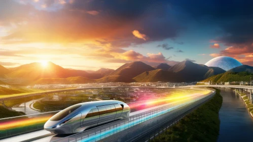 Speeding Futuristic Train in Mountainous Landscape