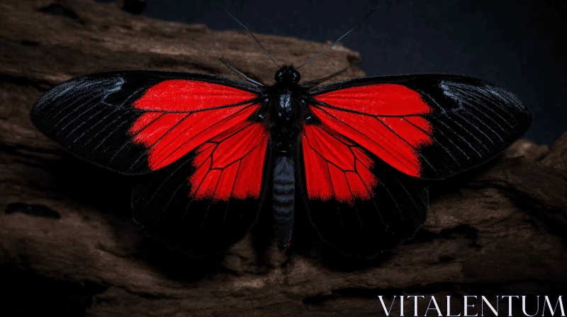 Black and Red Butterfly on Wood - Night Photography AI Image