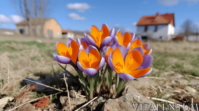 Blossoming Crocus Flowers in Field with Rustic House AI Image