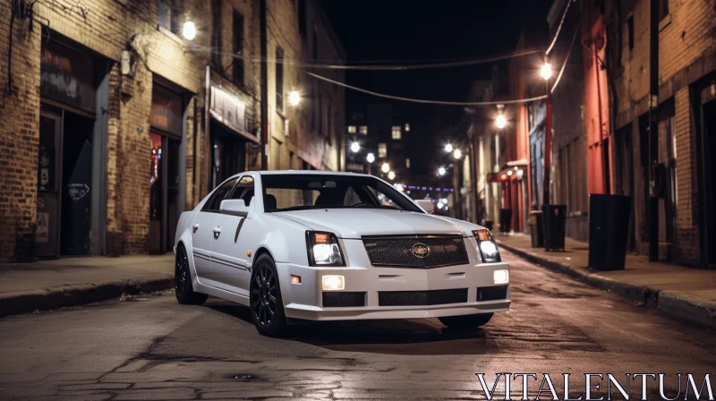 Captivating Night Scene: White Cadillac ATS Parked in Front of Old Building AI Image