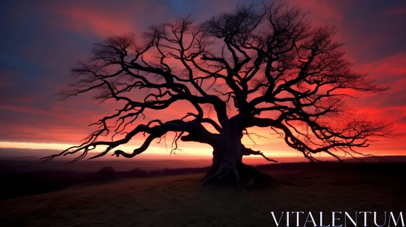 Majestic Tree Silhouetted Against Setting Sun AI Image
