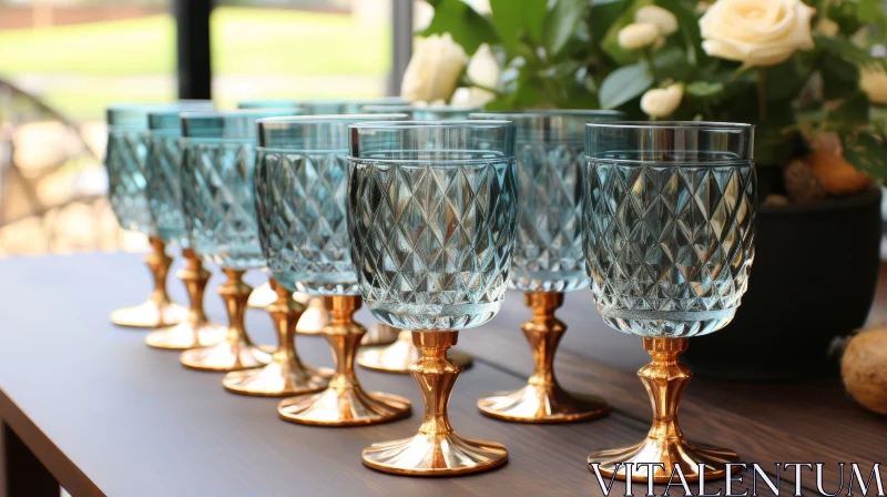 Elegant Blue Wine Glasses on Wooden Table AI Image