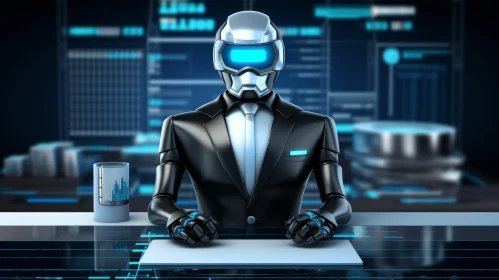Futuristic Robot in Suit and Tie at Desk