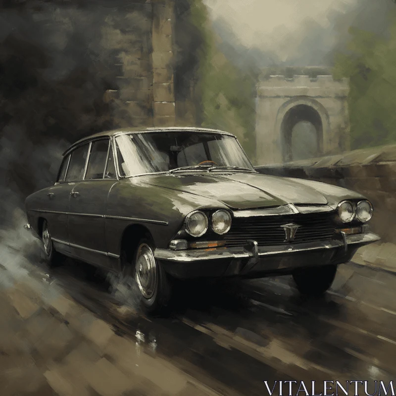 Captivating Digital Painting of an Old Car Driving in the Rain AI Image