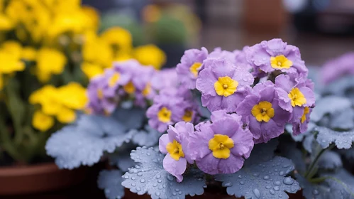 Captivating Display of Purple and Yellow Flowers with Water Droplets