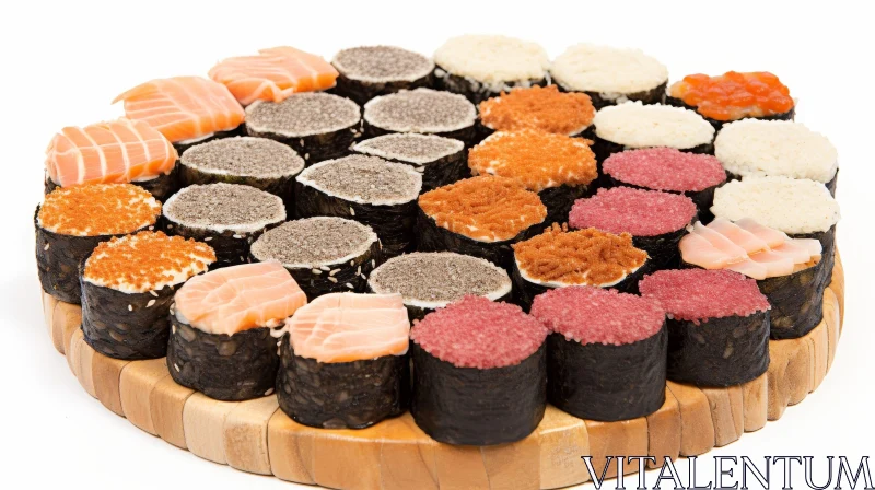Exquisite Wooden Plate with Variety of Sushi Rolls AI Image