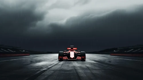 Red Formula 1 Car Racing on Wet Track