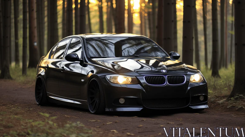 Captivating Sunset: Elegant Black BMW 3 Series in the Forest AI Image