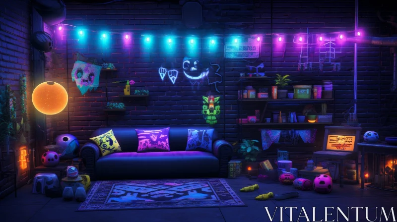 Cozy Gaming Room with Neon Lights and Entertainment Setup AI Image