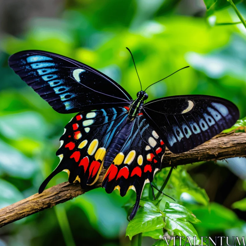 Exotic Butterfly on Tree Limb: A Bold Color Play AI Image