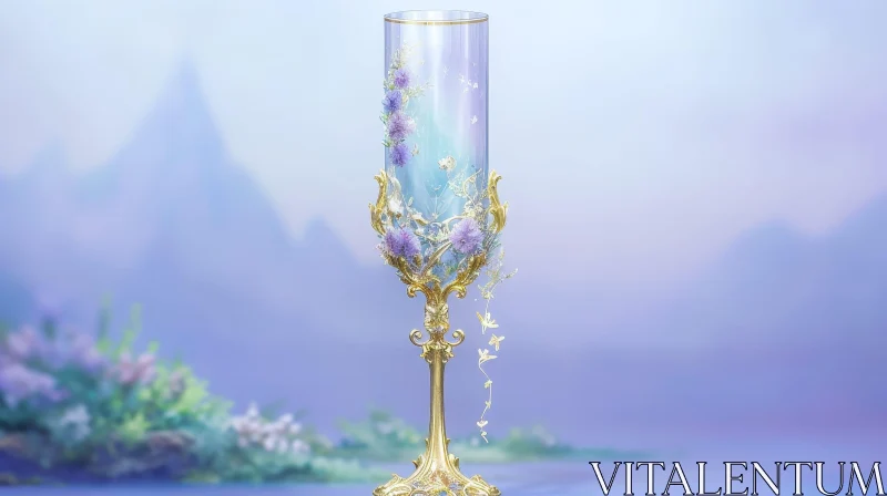 Golden Goblet with Flowers and Butterflies - 3D Rendering AI Image
