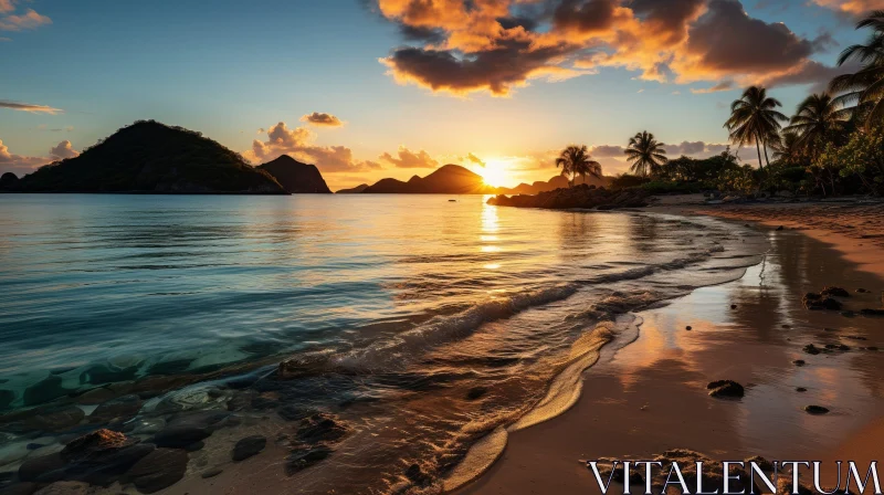 Tranquil Tropical Beach Sunset Landscape AI Image