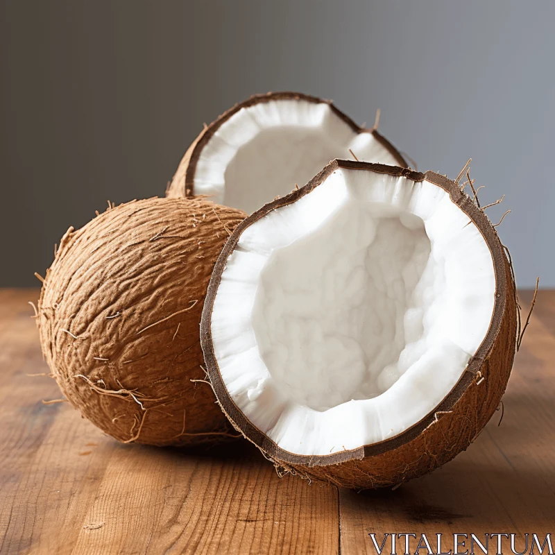 Coconut Halves on Wooden Surface: Monochromatic Color Scheme and Bold Textures AI Image