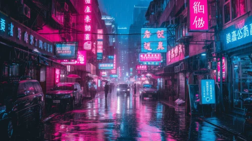 Cyberpunk City Street in Rain with Neon Lights