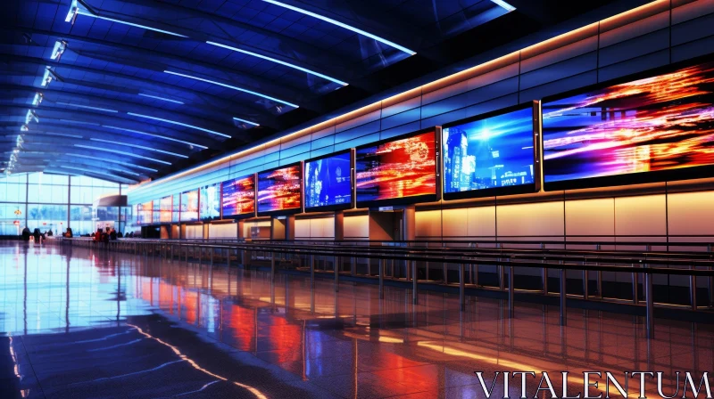 AI ART Empty Airport Terminal with Glowing Lights and Digital Billboards