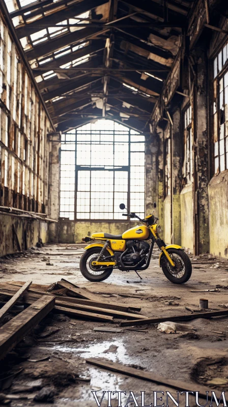 Yellow Motorcycle in Industrial Brutalism Style - Dynamic Outdoor Shots AI Image