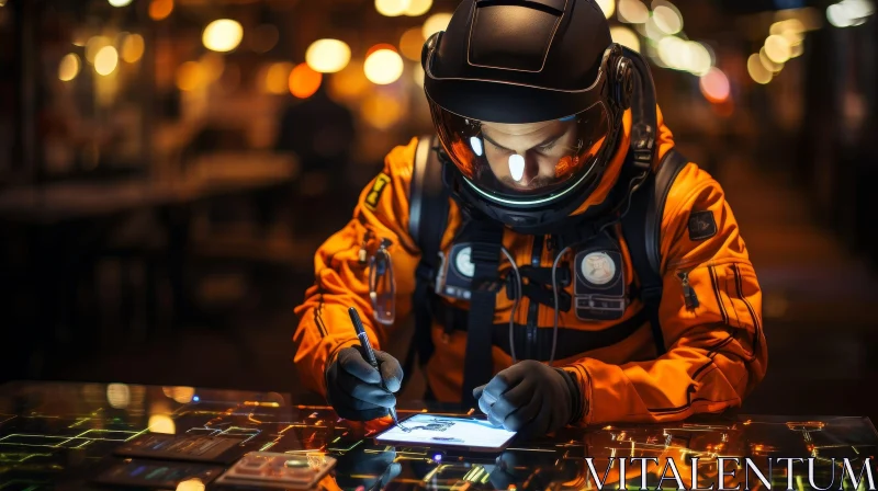 AI ART Young Male Astronaut Working on Futuristic Computer