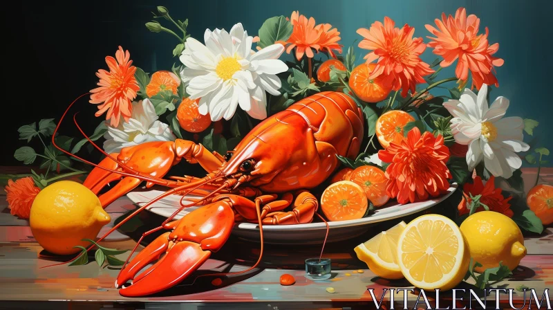 AI ART Colorful Still Life with Lobster, Flowers, and Fruits