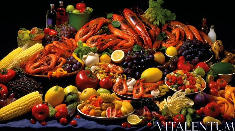 Exquisite Culinary Display: Fruits, Vegetables, Seafood, and More AI Image