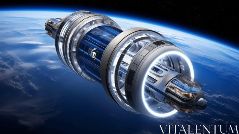 Futuristic Spaceship Cylinder against Earth Background AI Image