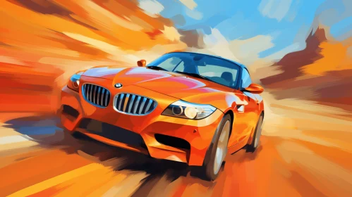 Orange Sports Car on Desert Road | Dynamic Anime Style