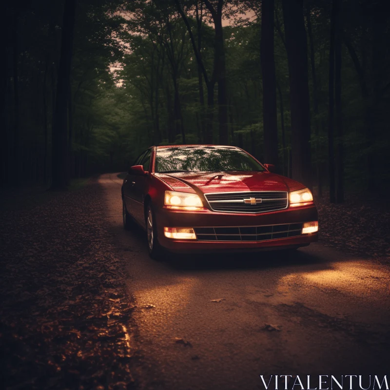 Red Car in Dimly Lit Forest: Atmospheric Portraits AI Image