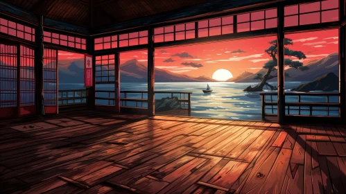 Tranquil Sunset Scene: Lake and Mountains View from Japanese House