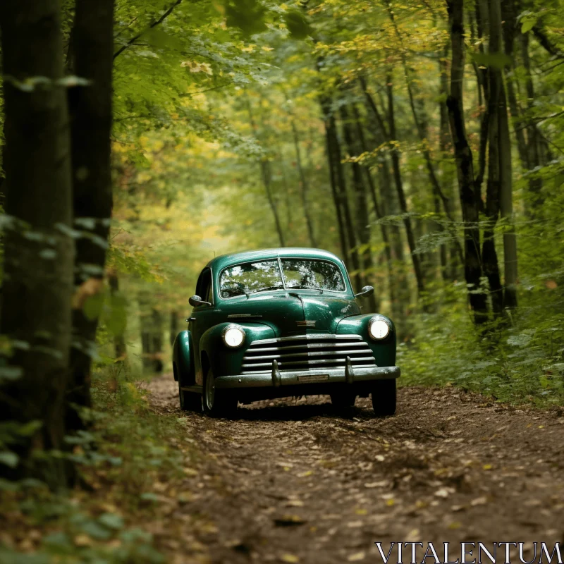 Vintage Green Car Driving Through a Wooded Path - Captivating Nostalgia AI Image