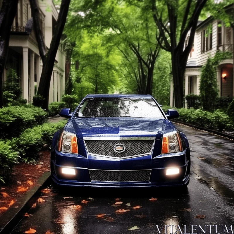 Blue Cadillac Parked in the Rain: A Captivating Urban-Nature Fusion AI Image