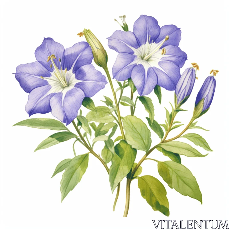 Blue Flowers in Historical Illustration Style - Watercolor Painting AI Image