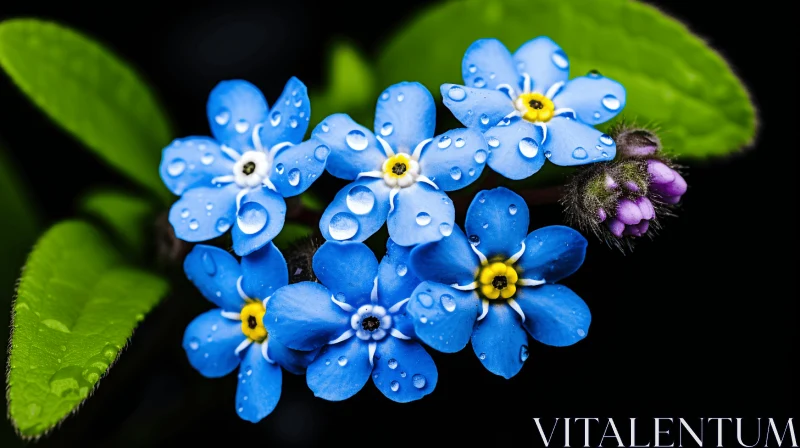 Close-Up of Rain-Kissed Blue Flowers Against Black Background AI Image