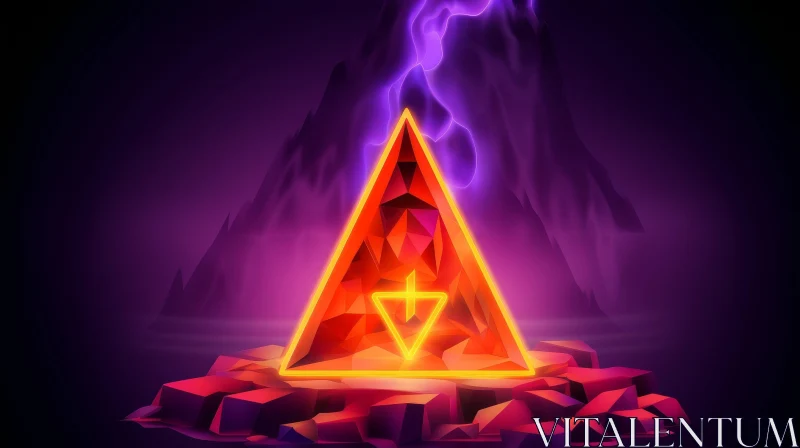 Ethereal 3D Rendering: Glowing Triangle and Erupting Volcano AI Image