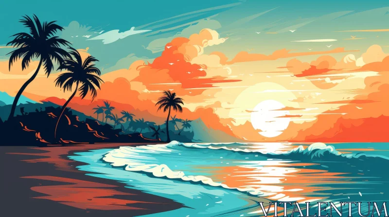 AI ART Tranquil Tropical Beach Sunset Scene