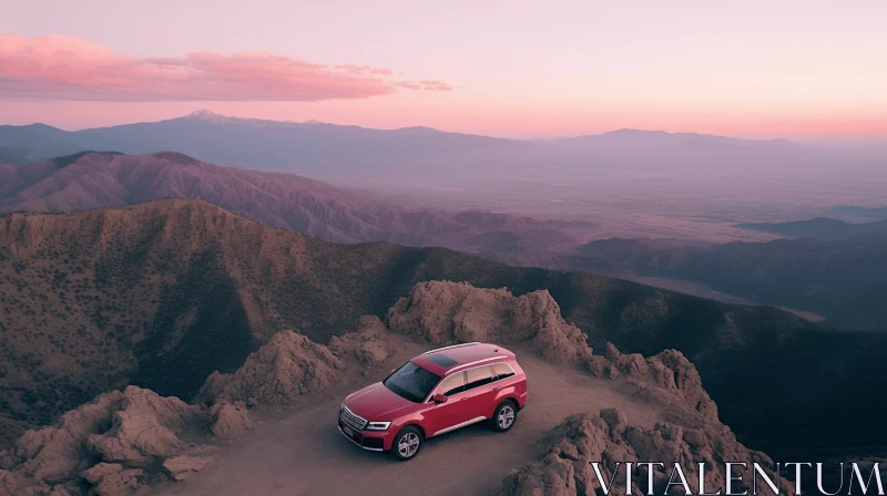 Captivating Red SUV in the Desert | Suburban Ennui and Mountainous Vistas AI Image