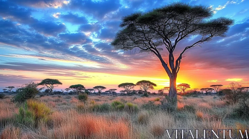 AI ART Majestic African Landscape with Tree at Sunset