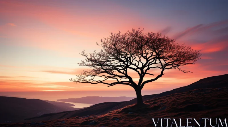 Tranquil Sunset in the Mountains with Tree Silhouette AI Image