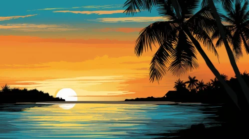 Tranquil Sunset Over Ocean - Palm Trees Silhouette