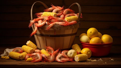 Basket of Shrimp and Corn Still Life Composition