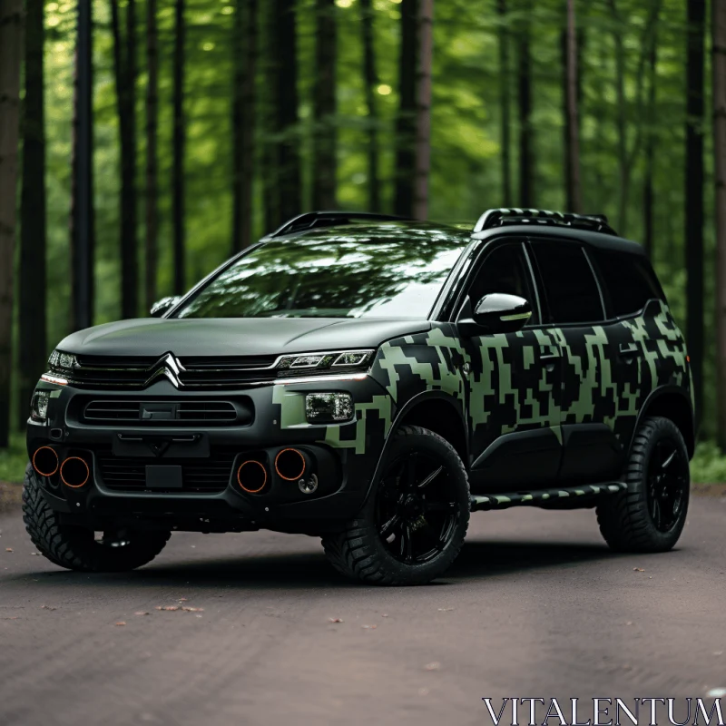 Camouflaged SUV in Woods: Realistic Hyper-Detailed Rendering AI Image