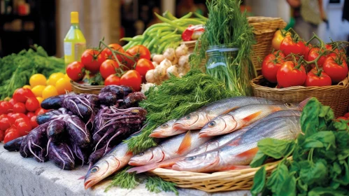 Fresh Seafood and Vegetables Display on Table