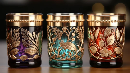 Richly Decorated Colored Glass Drinking Glasses on Wooden Surface