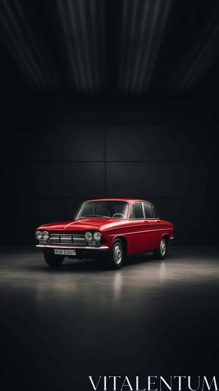 Stunning Photorealistic Rendering of a Classic Red Car in a Dark Room AI Image