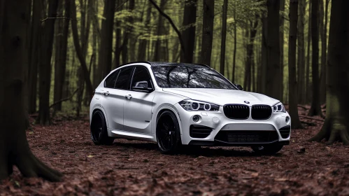 White BMW X1 Parked in the Woods - Dark Romanticism Art