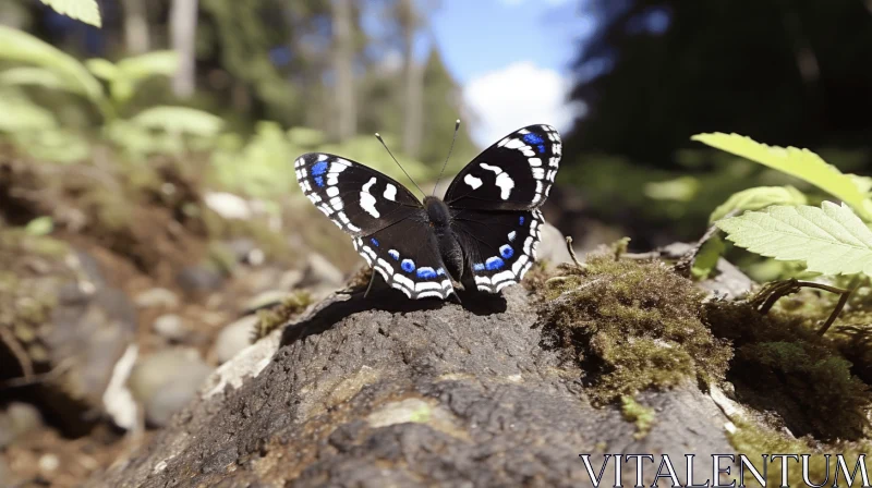 Black and Blue Butterfly in a Forest Landscape AI Image