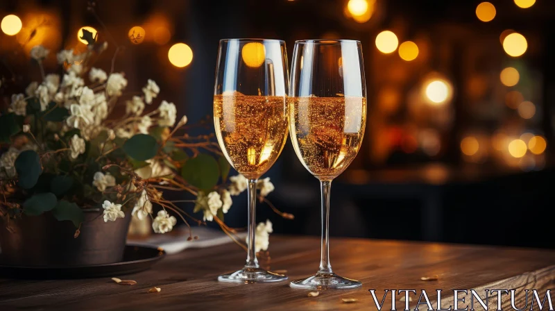 Cozy Restaurant Scene with Champagne Glasses and Flowers AI Image