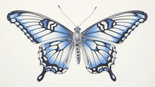 Blue Butterfly in Hyperrealism Style on White Background