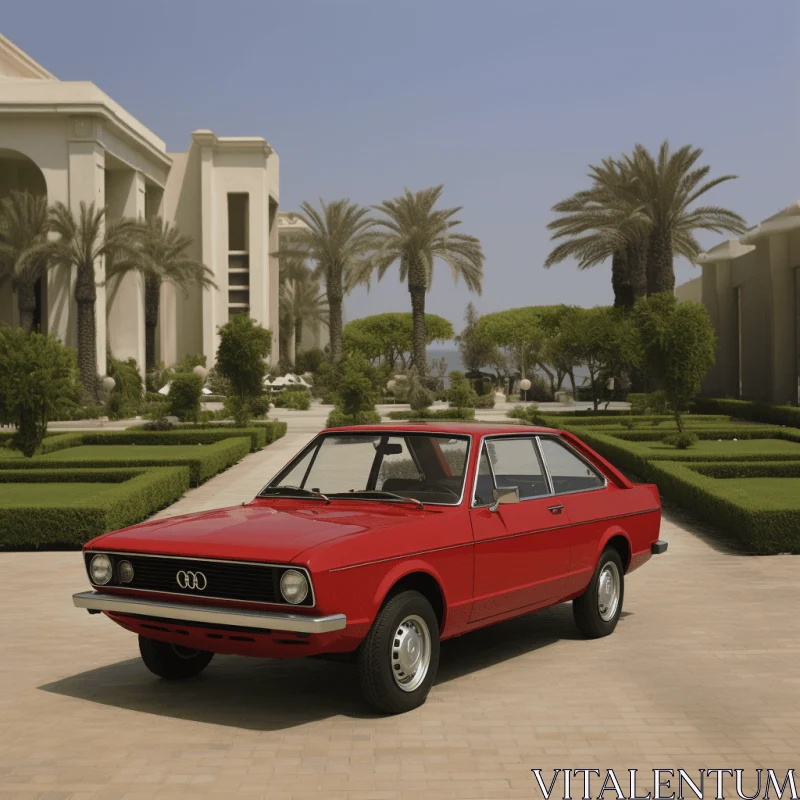Captivating Red Car Parked in Front of Brick Building | Phoenician Art AI Image
