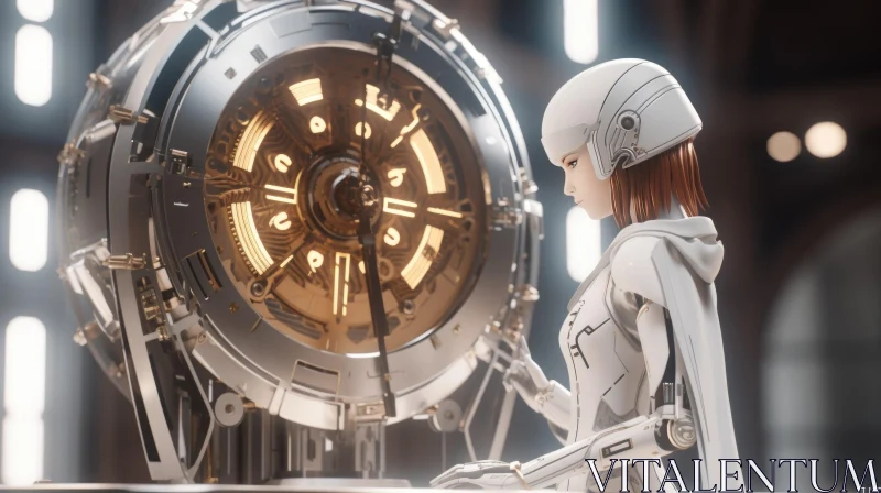 Futuristic Female Character and Clockwork Device AI Image