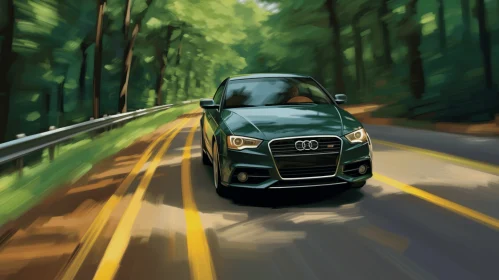 Green Audi Car on Forest Road - Detailed Portraiture