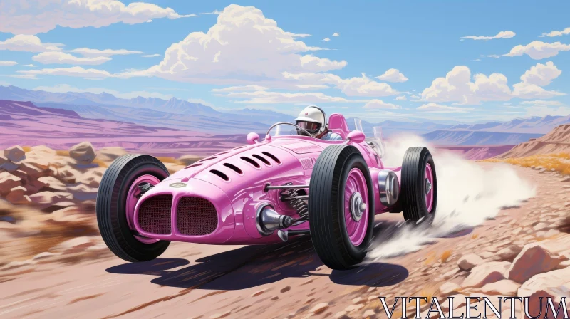Pink Vintage Race Car in Desert Landscape AI Image